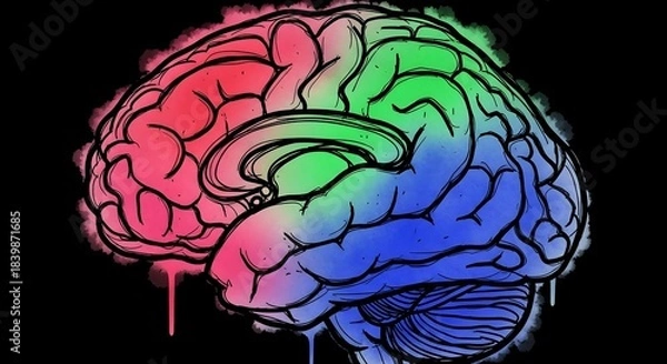 Fototapeta Abstract Neuro Graffiti: Hand-Drawn Brain Illustration with Neon RGB Gradient and Paint Drips on Black