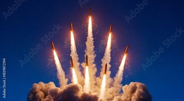 Fototapeta Massive Military Strike: Group of Nuclear Missiles Launching Simultaneously into the Starry Night Sky