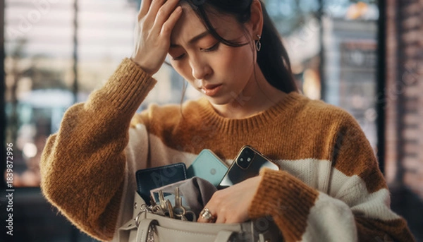 Fototapeta 帯をさがしてバッグの中身を全部出して頭を抱える女性