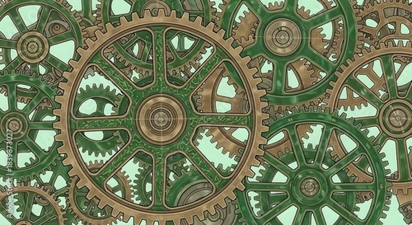 Fototapeta Intricate Steampunk Mechanism Background with Bronze and Patina Green Interlocking Gears and Cogs