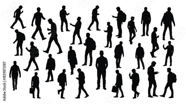 Fototapeta a diverse collection of people walking in various poses depicted as black shapes a striking silhouette