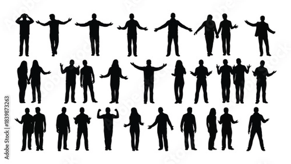 Fototapeta a collection of diverse human figures depicted in black showcasing varied poses and arm positions silhouette