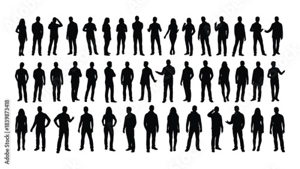 Fototapeta a collection of diverse human figures displayed in a uniform black silhouette style representing people in various poses silhouette