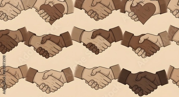 Fototapeta A pattern of diverse hands with varying skin tones shaking, symbolizing unity, cooperation, and social connection. Some handshakes feature heart shapes.
