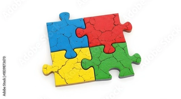Fototapeta Four vibrant, interlocked puzzle pieces in blue, red, yellow, and green, arranged on a clean white background, representing unity and problem-solving.