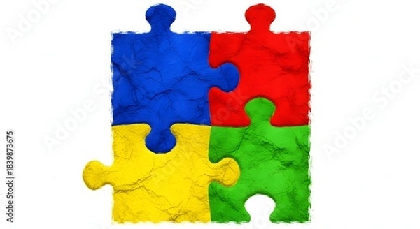 Fototapeta Four brightly colored interconnected jigsaw puzzle pieces forming a square shape on a white background.
