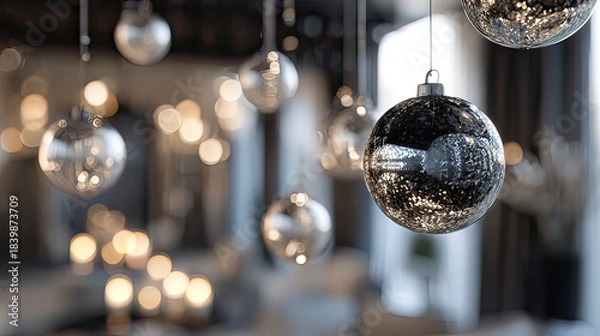 Obraz Modern Black and White Interior with Shimmering Silver Ornaments on Transparent Background