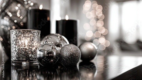 Obraz Modern Black and White Interior with Shimmering Silver Ornaments on Transparent Background