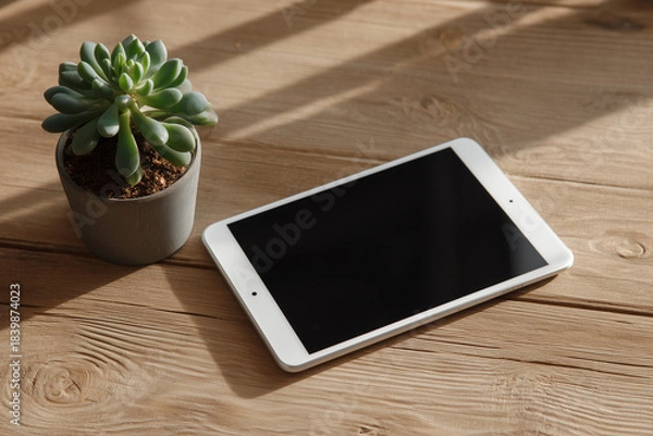 Obraz 木製テーブルの上に置かれた白いタブレットと多肉植物