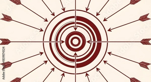 Fototapeta A vintage-style illustration of a bullseye target with numerous arrows pointing inwards from all sides, emphasizing focus and direction.