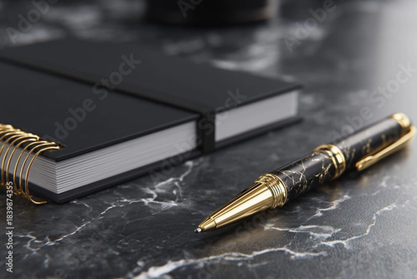 Obraz ゴールドの万年筆と黒いノートが置かれた高級なステーショナリーの配置