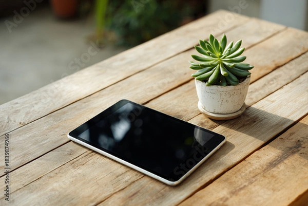 Obraz 木製のデスクに置かれた多肉植物と黒い画面のタブレット