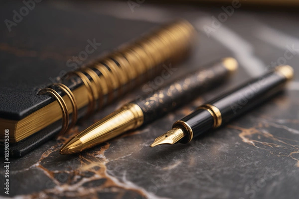 Obraz 黒い背景に置かれた金色のスプリンググリップ付き高級ペンのクローズアップ