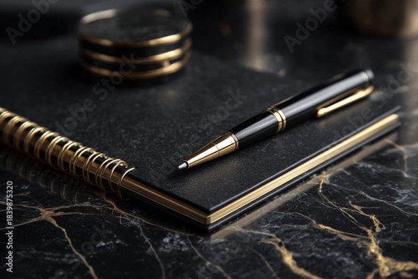 Obraz 黒い背景に並べられた金色と黒色の高級万年筆のクローズアップ