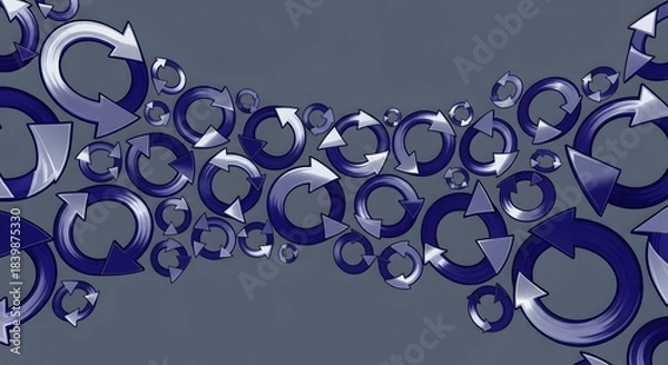 Fototapeta A dynamic abstract background featuring numerous blue and purple circular arrows arranged in a flowing, wavy pattern on a dark grey surface, symbolizing refresh, recycle, or continuous process.