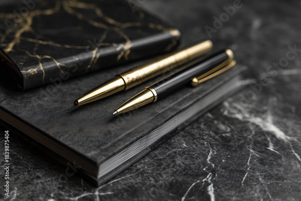 Obraz 黒い大理石の上に並べられた高級ペンのセット