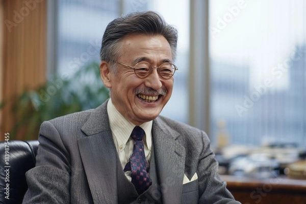 Obraz 口ひげのある白髪の日本人ビジネスマンがオフィスで笑顔を見せる