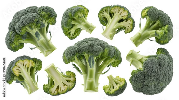 Fototapeta Collection of fresh broccoli florets and stalks isolated on transparent background