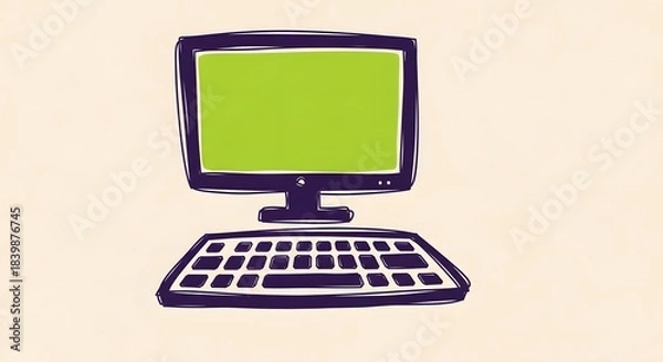 Fototapeta Hand-drawn illustration of a desktop computer with a bright green screen and a keyboard.