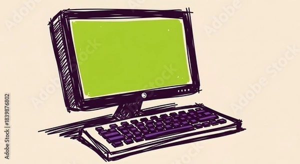 Fototapeta A hand-drawn sketch of a desktop computer setup with a monitor displaying a green screen and a keyboard.