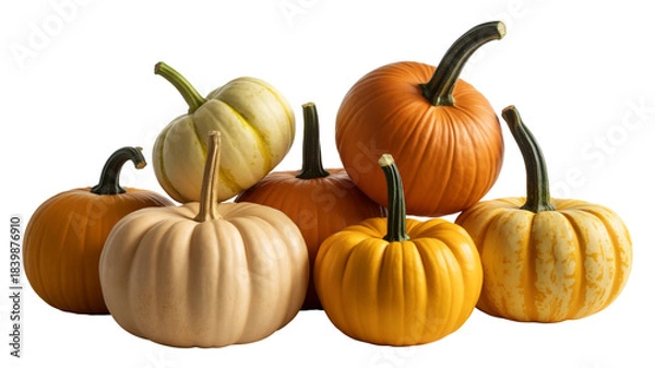 Fototapeta Assortment of colorful pumpkins and gourds arranged together isolated on transparent background