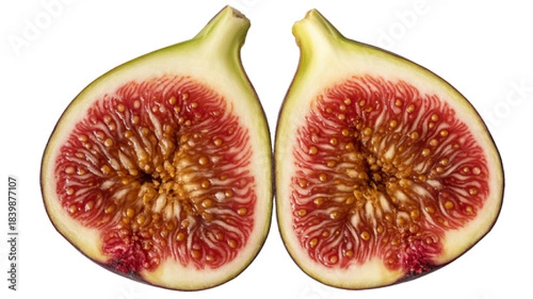 Fototapeta Halves of a ripe fig fruit showing interior texture isolated on transparent background