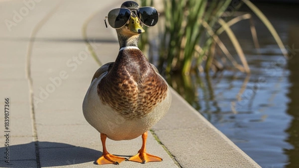 Fototapeta This confident wild duck stands on a sunny pond bank, wearing mirrored aviator sunglasses for a cool, humorous, and stylish look. Perfect for summer and attitude concepts.