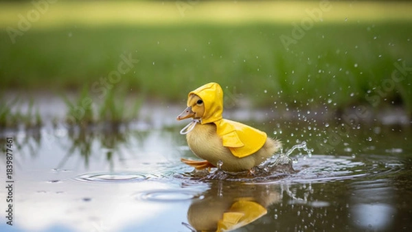 Fototapeta Adorable baby duckling wears a bright yellow raincoat and hood, splashing playfully while running through a puddle on a rainy day. Ready for adventure and the spring season.