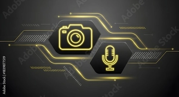 Fototapeta Glowing digital camera and microphone icons connected by abstract circuit lines on a dark background.