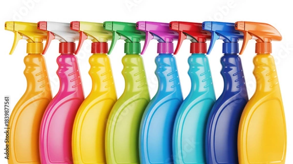 Fototapeta Collection of colorful spray bottles for cleaning products isolated on transparent background