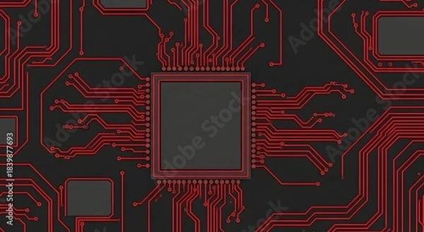 Fototapeta A close-up view of a dark grey circuit board with intricate red pathways and a central square microchip.