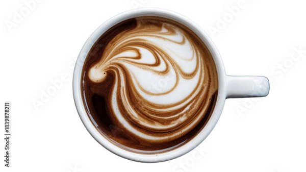 Fototapeta Overhead view of a delicious latte with foamy art isolated on transparent background