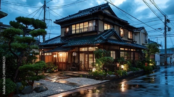 Fototapeta Warmly Lit Traditional Japanese Residence at Dusk / 夕暮れ時に温かく照らされる伝統的な日本の邸宅