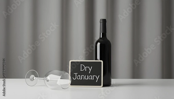 Obraz A minimalist Dry January poster concept featuring a closed wine bottle, an empty tipped wine glass, and a small chalkboard sign. Clean grey background symbolizes sobriety, reset, and mindful habits.