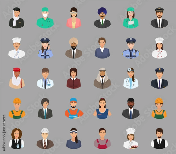 Fototapeta Big set of people avatars with different occupation. Employee and workers faces characters.