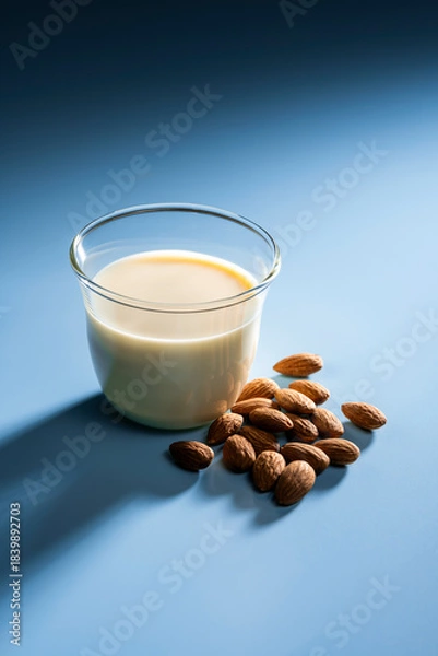 Obraz 明暗差のある青背景とアーモンドミルクの印象的構図