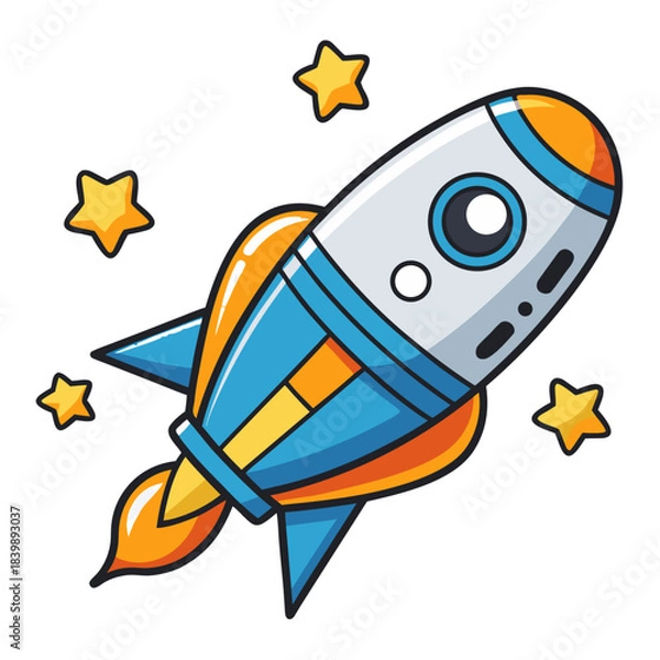 Fototapeta Cute Spaceship Flying in Space with Stars – Fun Cartoon Rocket Illustration