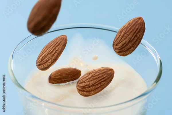 Obraz アーモンドミルクに落ちるアーモンドの瞬間