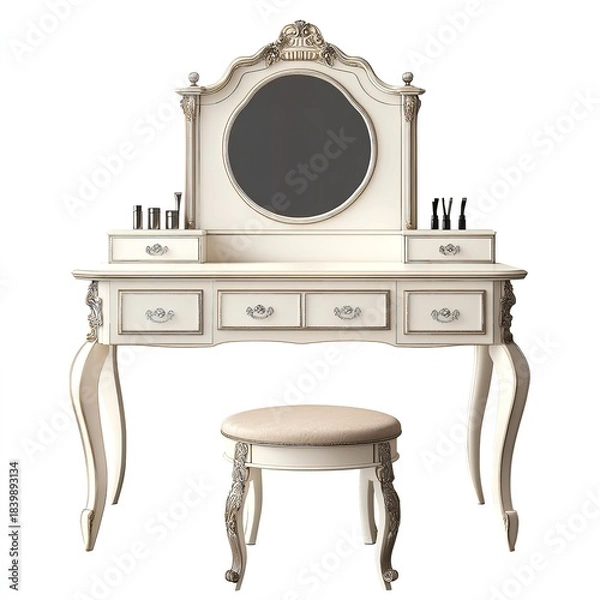 Fototapeta Elegant antique white vanity table with ornate mirror and matching cushioned stool isolated on a bright background for luxury interior design