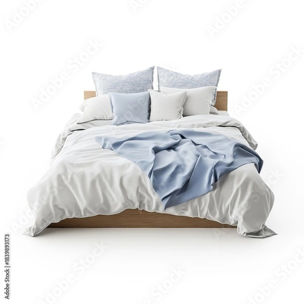Fototapeta Minimalist wooden platform bed dressed in crisp white linens and accented with soft blue and white pillows against a bright background