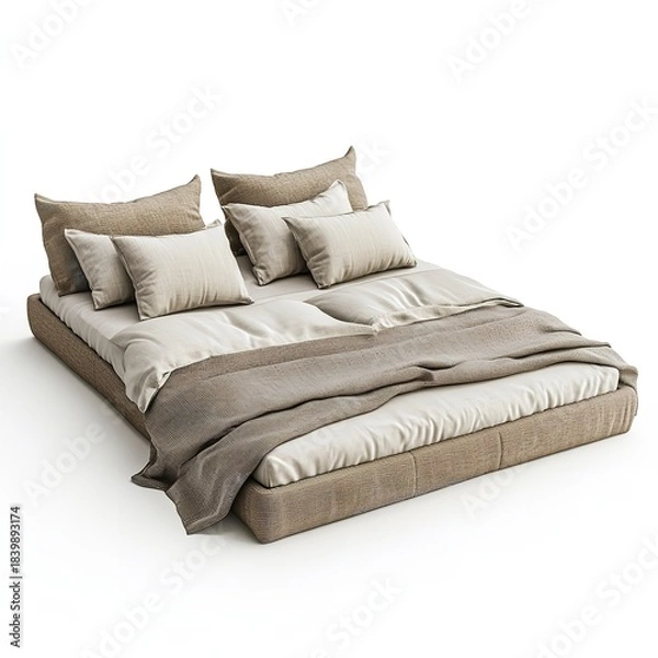 Fototapeta Luxurious king size platform bed with textured neutral linens and multiple plush pillows isolated on white background for interior design