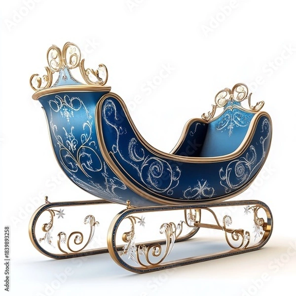 Fototapeta Ornate royal blue and gold sleigh featuring intricate scrollwork and crystal accents isolated on a clean white background for holiday design