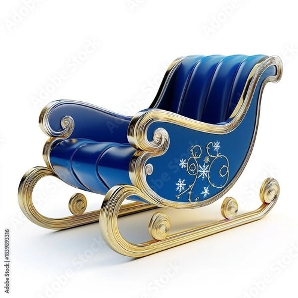 Fototapeta Luxurious royal blue and gold sleigh with intricate snowflake design isolated on a clean white background for holiday celebration