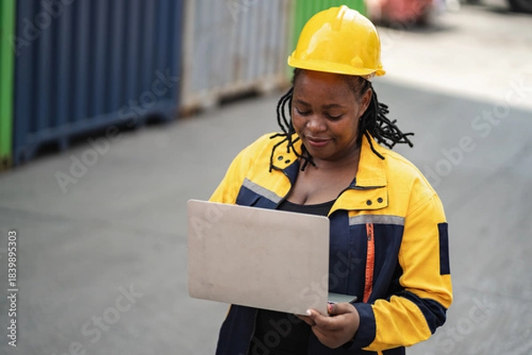 Obraz Portrait African woman logistics workers use notebook computer checking container	