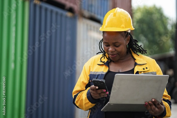 Obraz Portrait African woman logistics workers use notebook computer checking container	