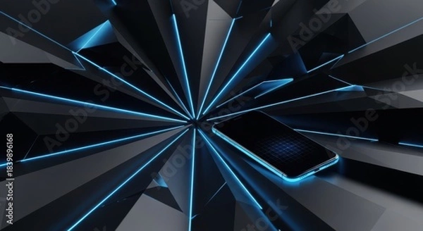 Obraz A sleek smartphone emerges from a dark, geometric background with glowing blue lines radiating outwards, symbolizing innovation