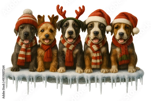 Fototapeta Cute Christmas Dog Breeds Collection – Holiday Puppy Set in Festive Winter Outfits,  Transparent background, Great Dane