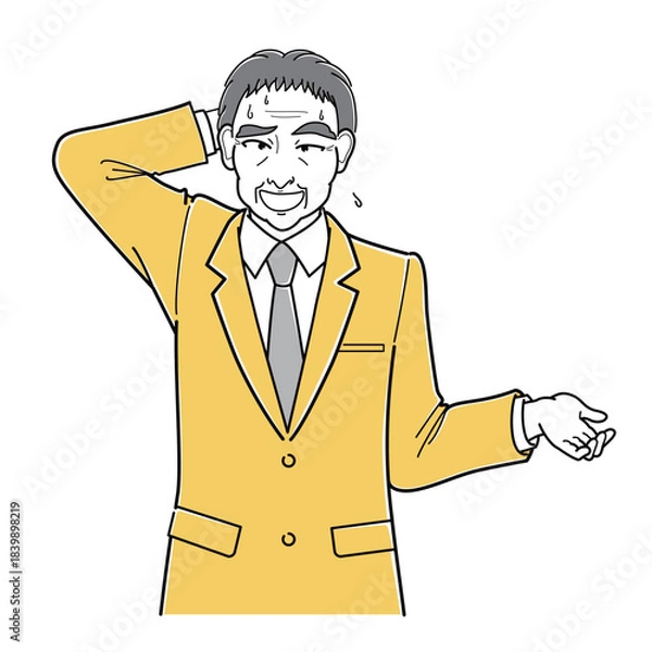 Fototapeta 後ろ頭に手をあててしどろもどろ状態のスーツの中年男性・上半身（シンプル）