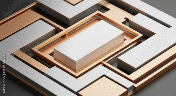 Obraz Abstract geometric pattern with metallic gold and silver frames and a white rectangular block in the center