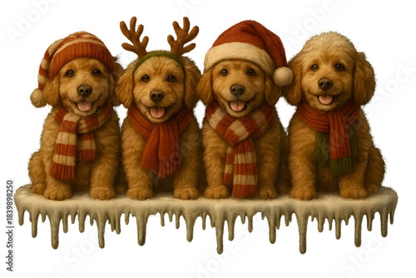 Fototapeta Cute Christmas Dog Breeds Collection – Holiday Puppy Set in Festive Winter Outfits,  Transparent background, Poodle